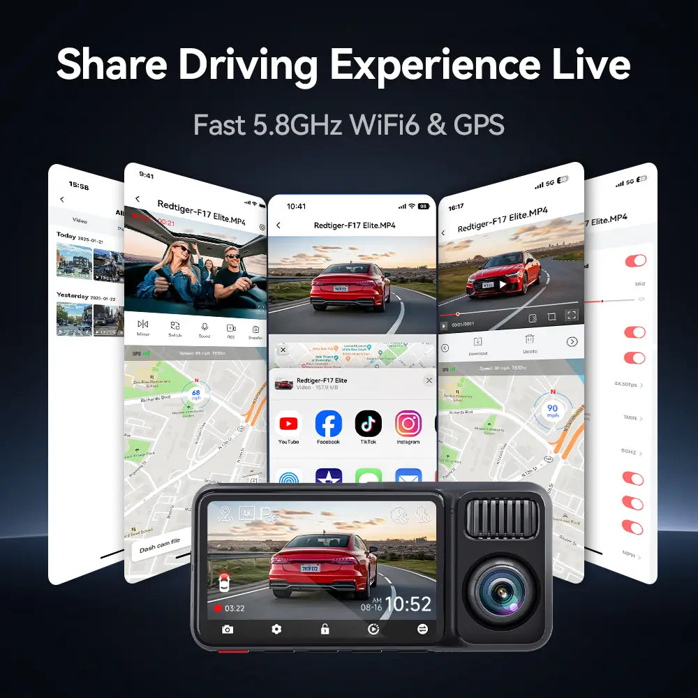 Redtiger F17 Elite 3-Channel 4K+2.5K+1080P 24/7 Ultra-Color Wifi6 Dash Cam
