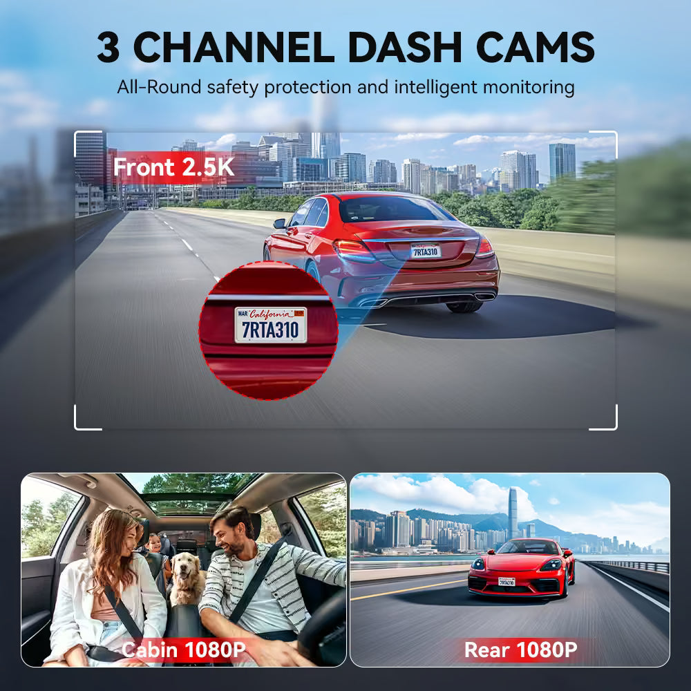 REDTIGER A3 3-Channel Dash Cam 2.5K + Dual 1080P - WiFi & IR Night Vision