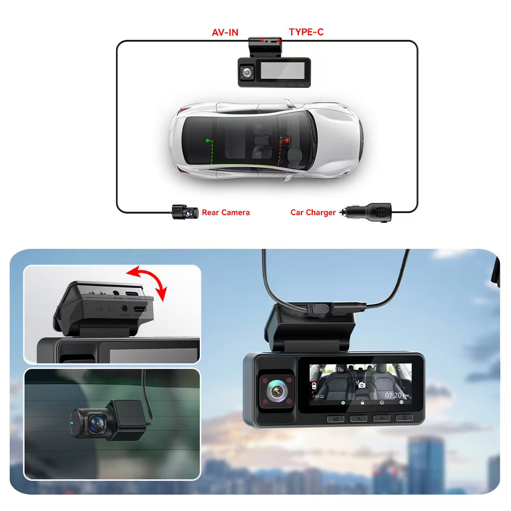 REDTIGER A3 3-Channel Dash Cam 2.5K + Dual 1080P - WiFi & IR Night Vision