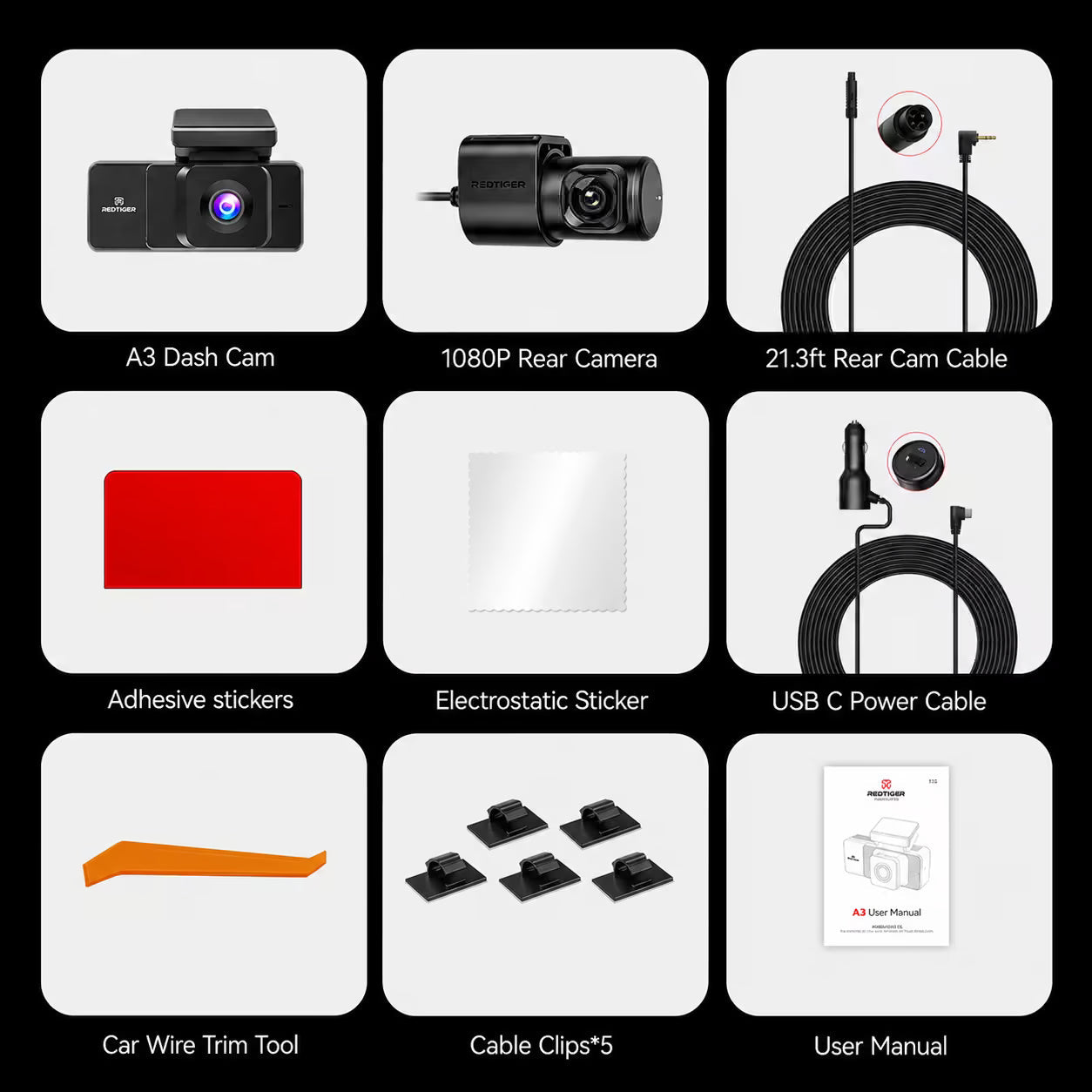 REDTIGER A3 3-Channel Dash Cam 2.5K + Dual 1080P - WiFi & IR Night Vision