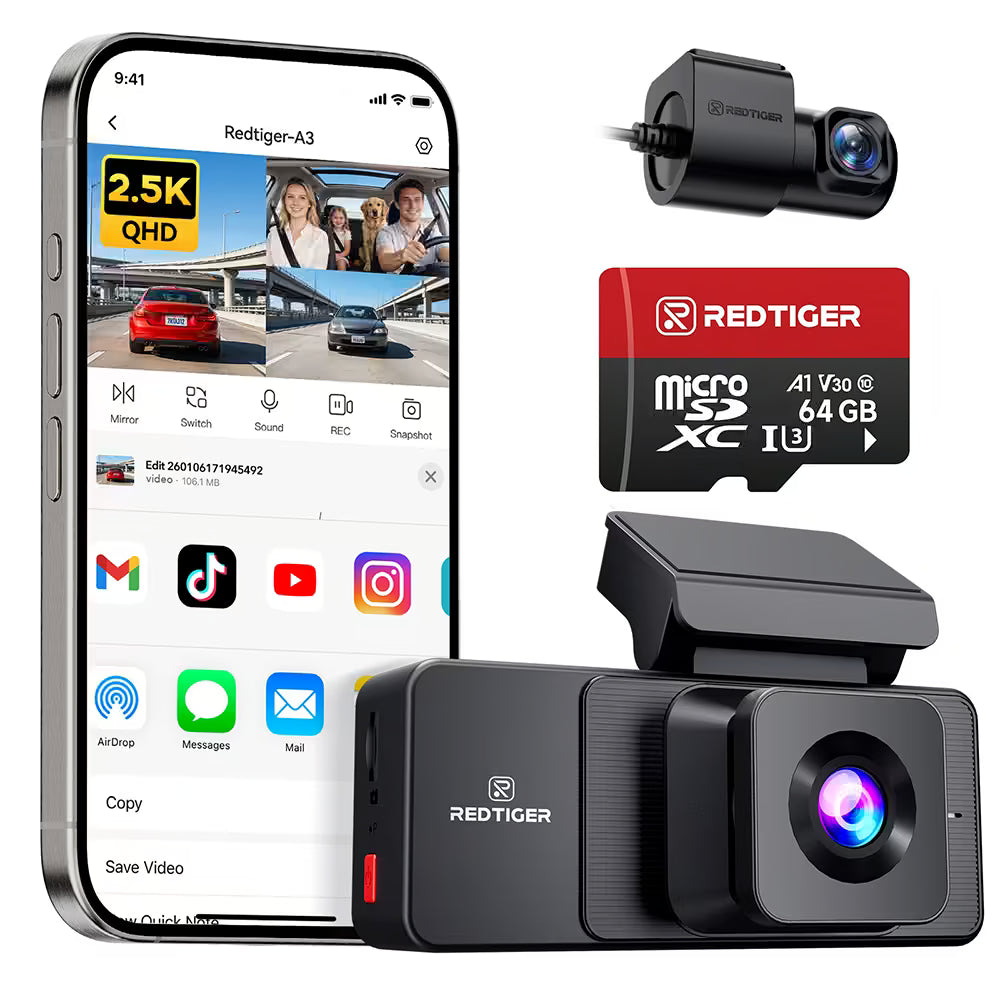 REDTIGER A3 3-Channel Dash Cam 2.5K + Dual 1080P - WiFi & IR Night Vision