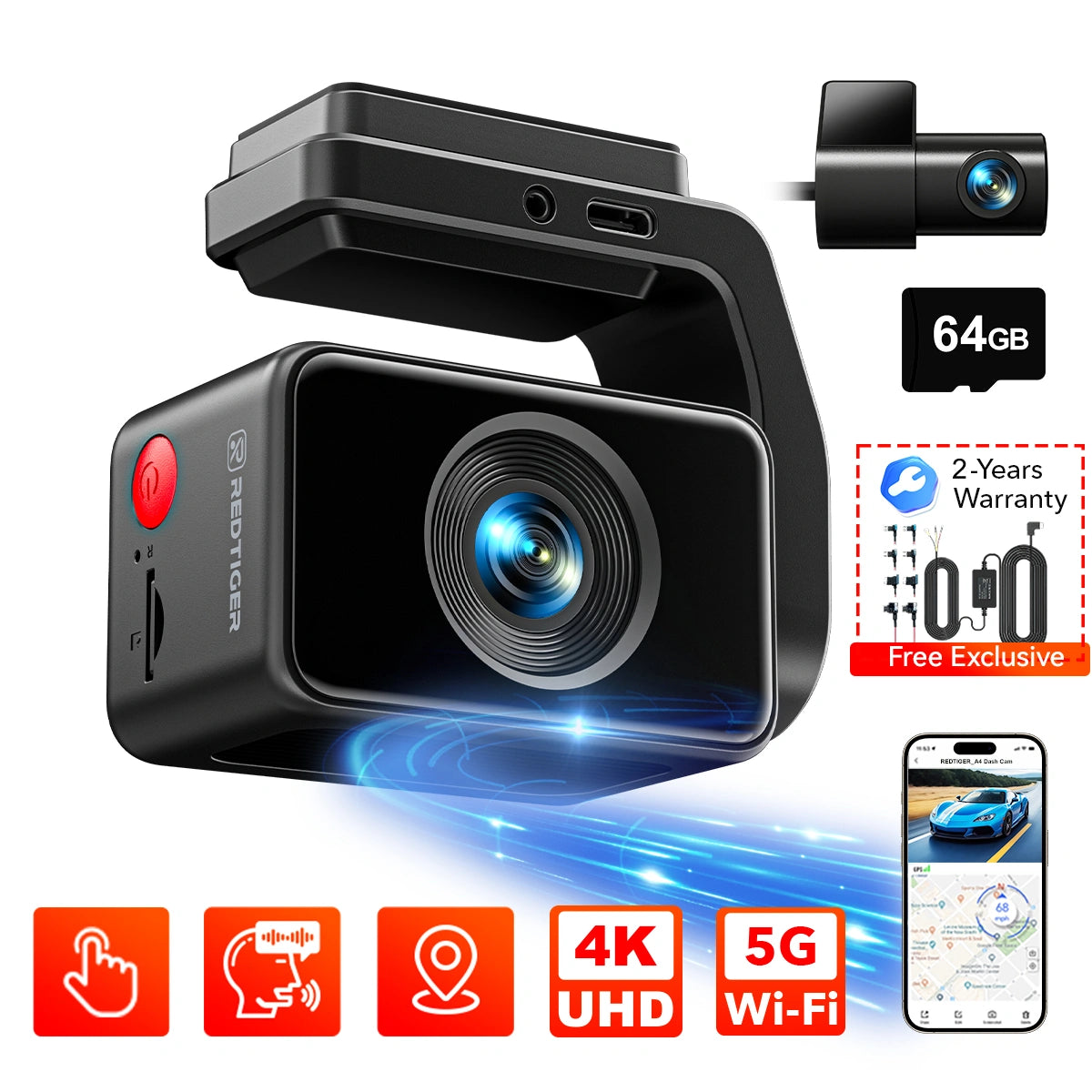Redtiger A4 4K+1080P Voice Control 5.8GHz WIFI Dash Cam