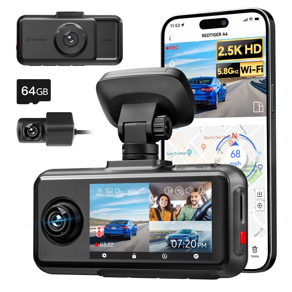 Redtiger A6 4K 3-Channel Dash Cam 5.8Ghz Wifi Voice Control Dash Cam