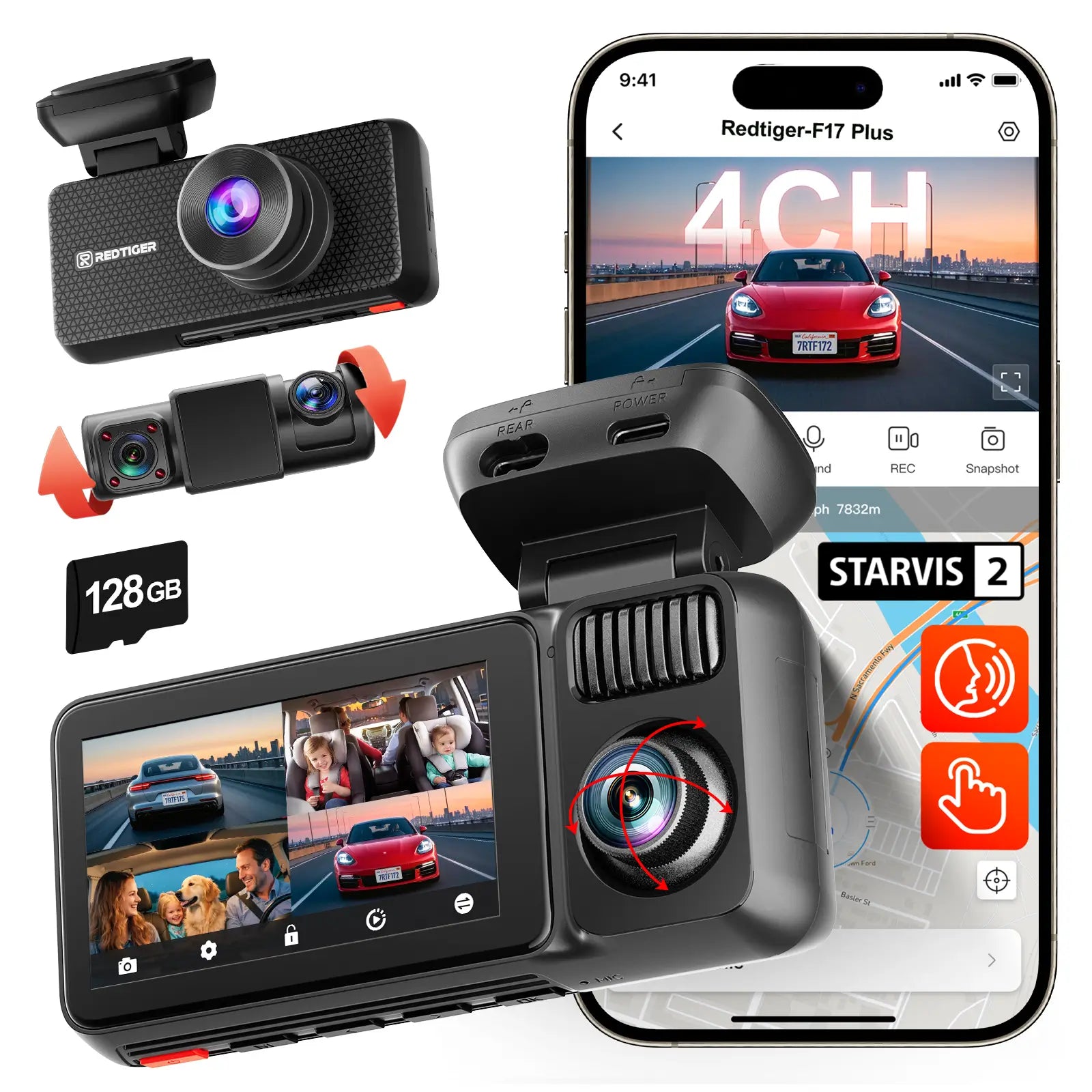 Redtiger F17 Plus 4-Channel Dash Cam with 2.7K Front Recording & Sony STARVIS 2