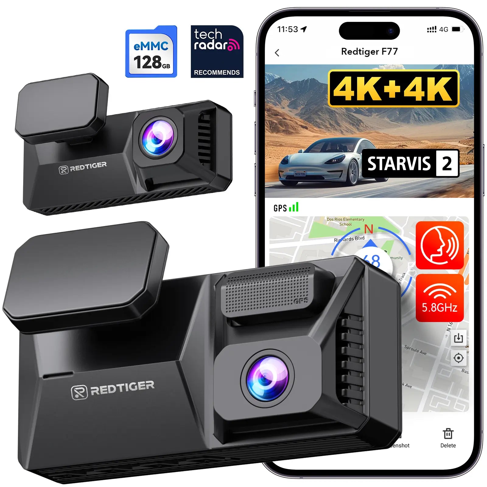 F77 STARVIS 2 4K+4K Double IMX678 Contrôle Vocal WIFI Haute Vitesse 5.8GHz Dash Cam