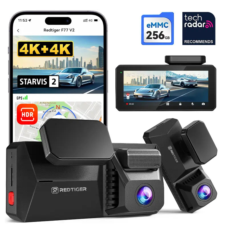 F77 STARVIS 2 4K+4K Dual IMX678 Voice Control 5.8GHz High Speed WIFI Dash Cam
