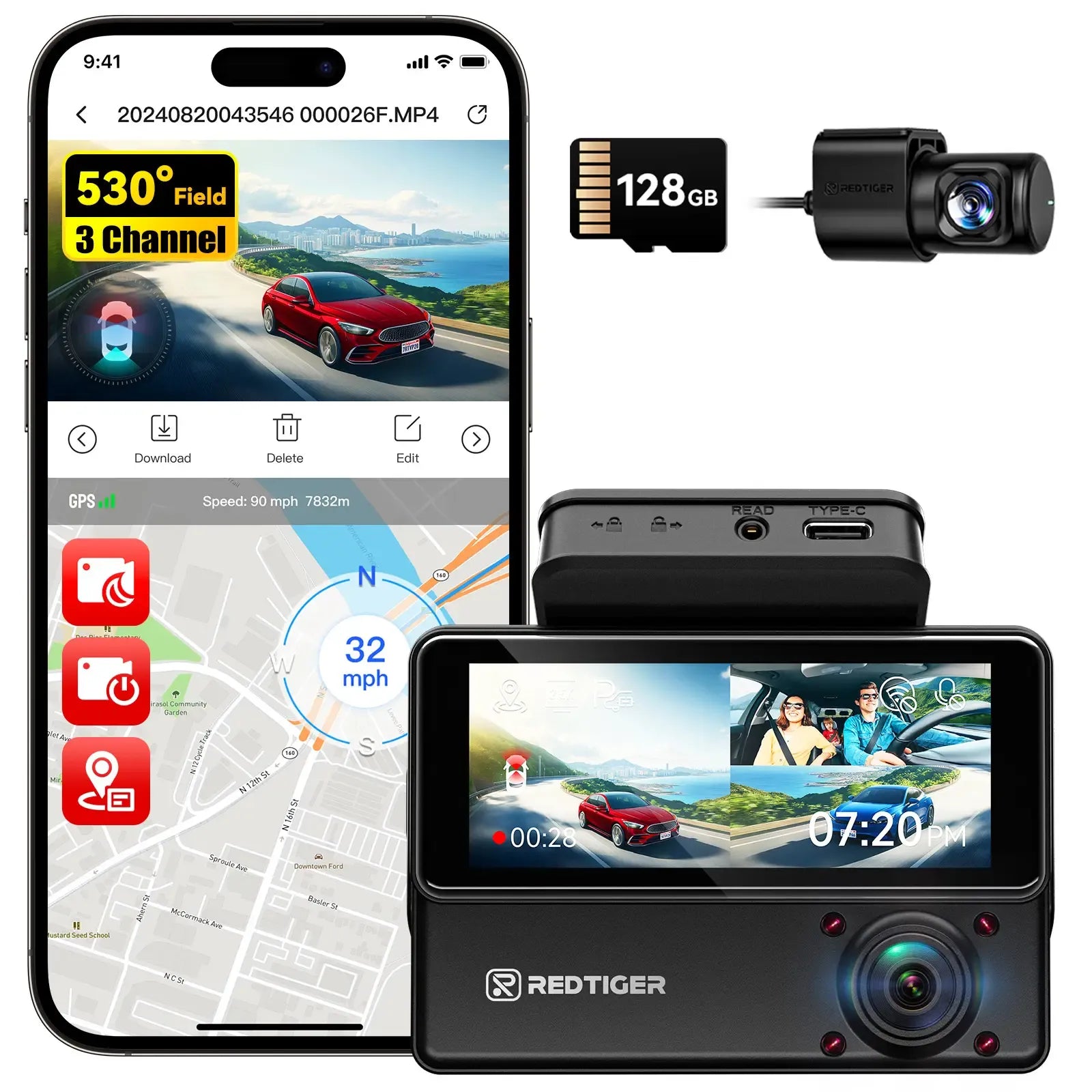 Redtiger VP20 530° 3-Channel IR Night View Dash Cam