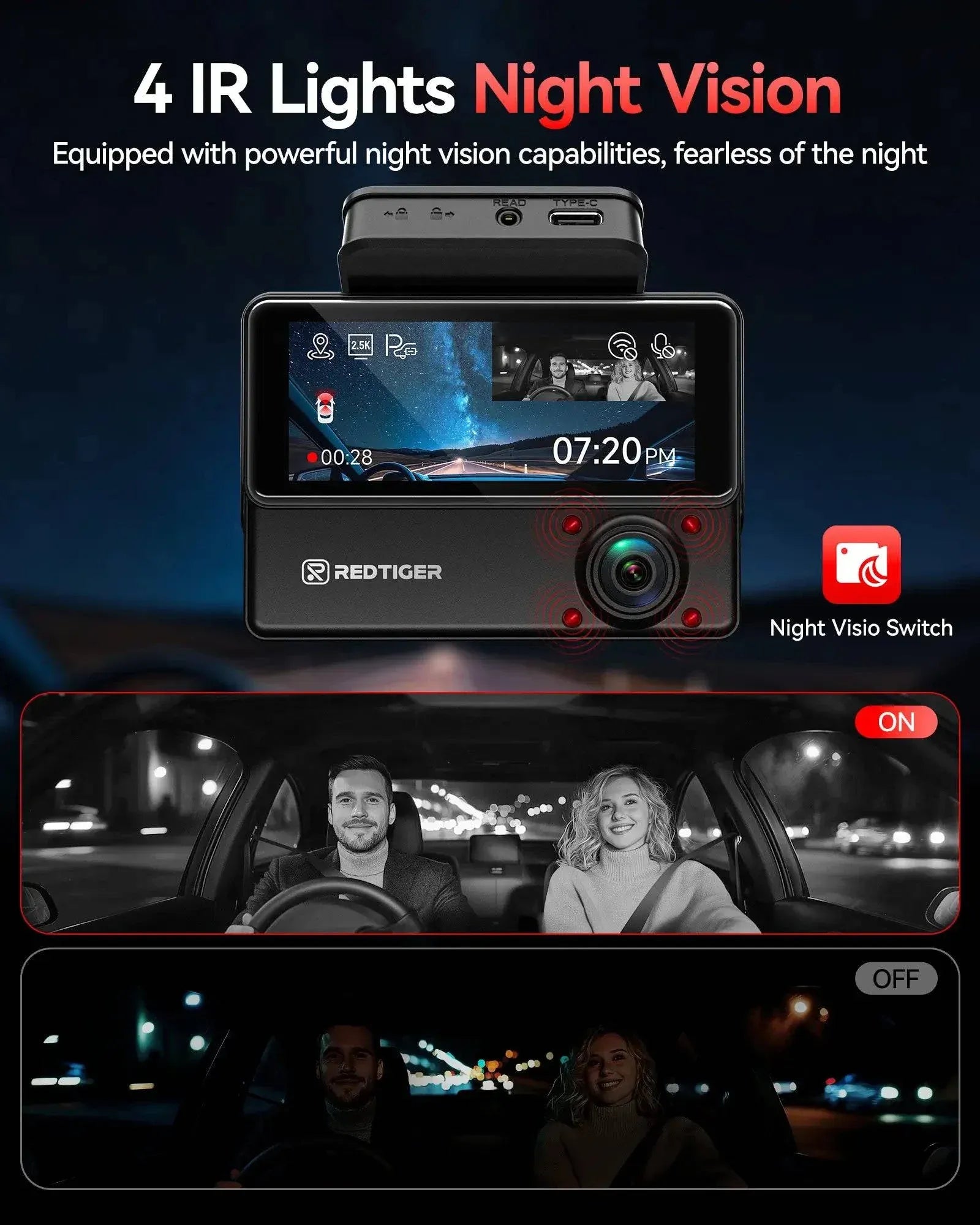 Redtiger VP20 530° 3-Channel IR Night View Dash Cam