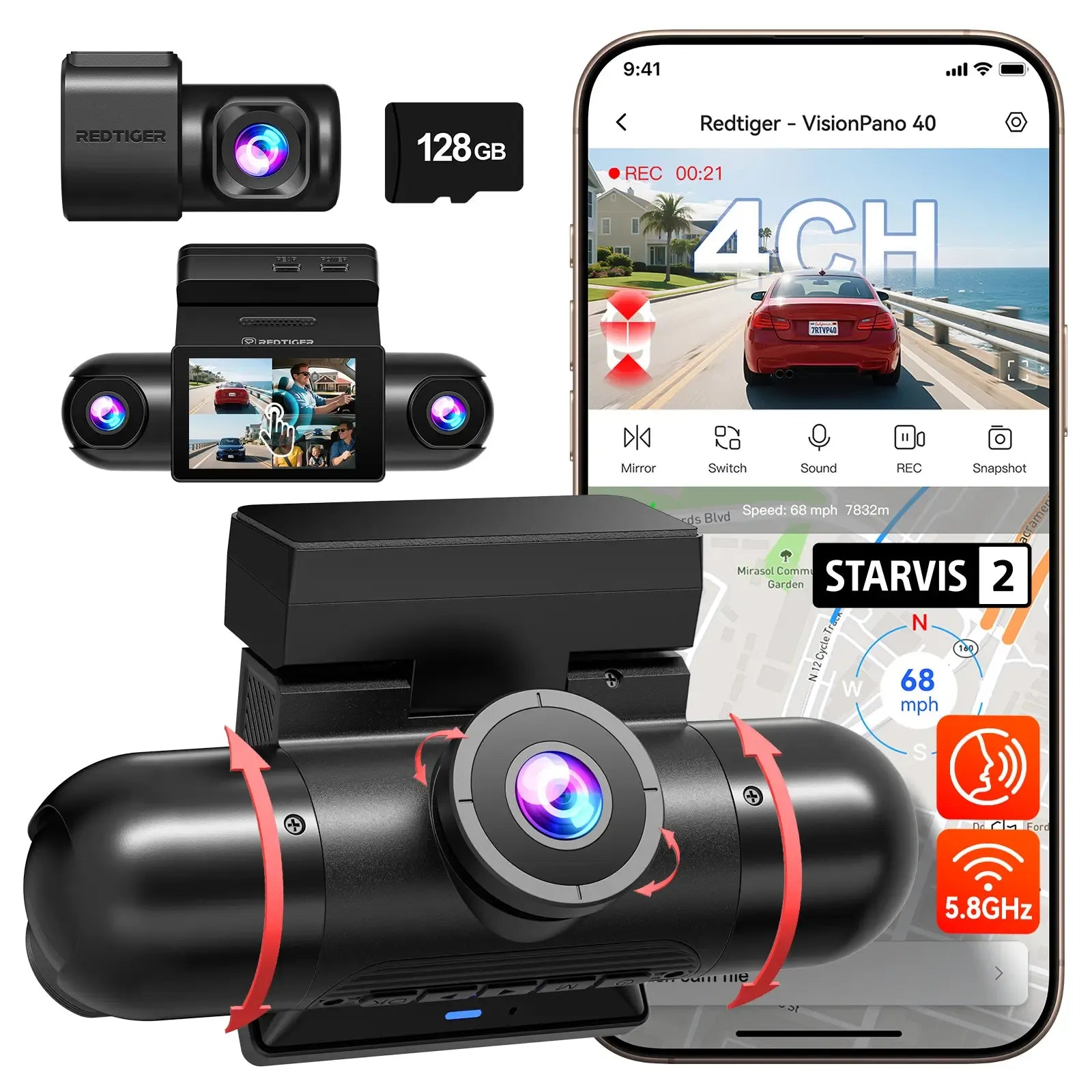 Redtiger VisionPano 40 4-Channel Dash Cam with Sony STARVIS 2 HDR & Parking Monitor