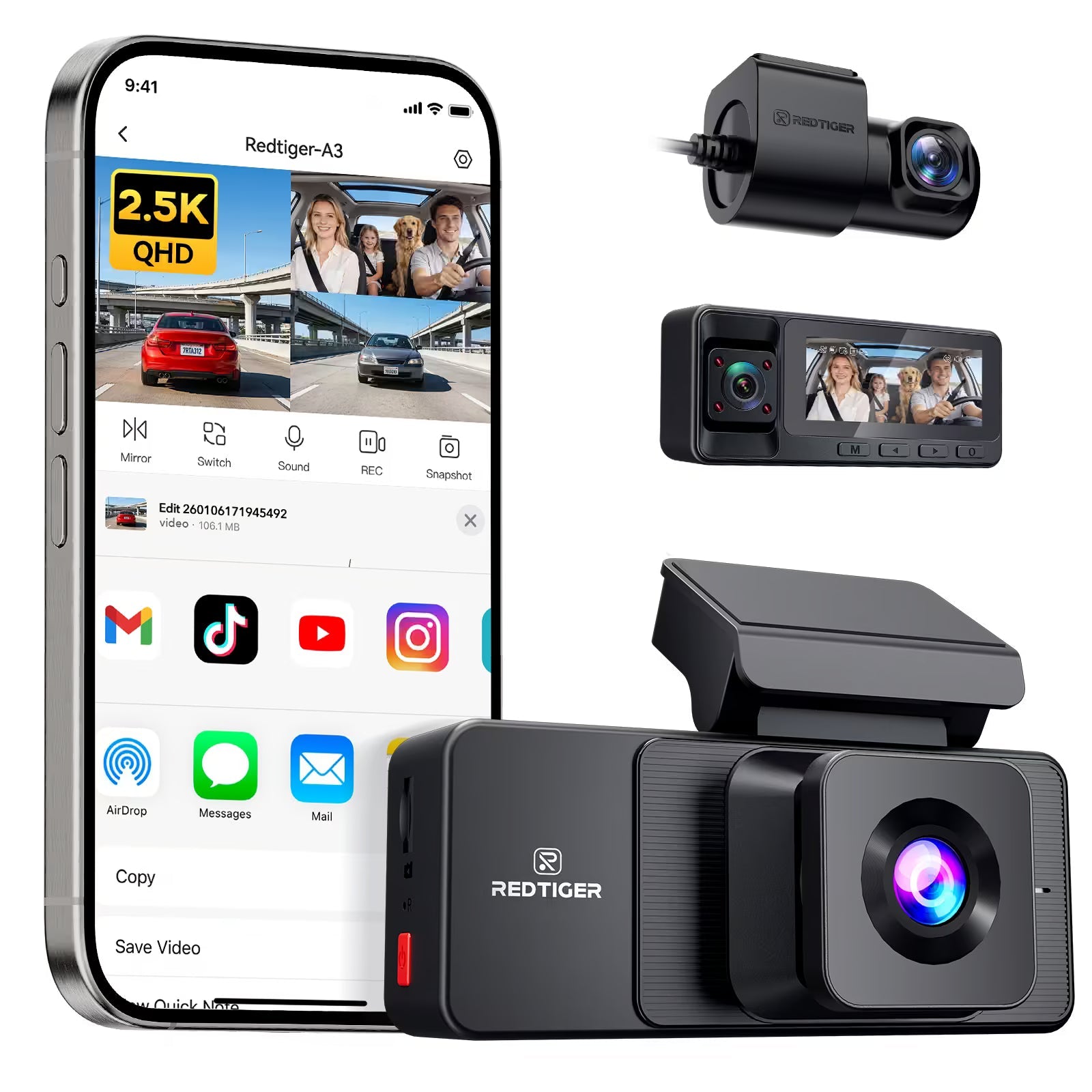 REDTIGER A3 3-Channel Dash Cam 2.5K + Dual 1080P - WiFi & IR Night Vision
