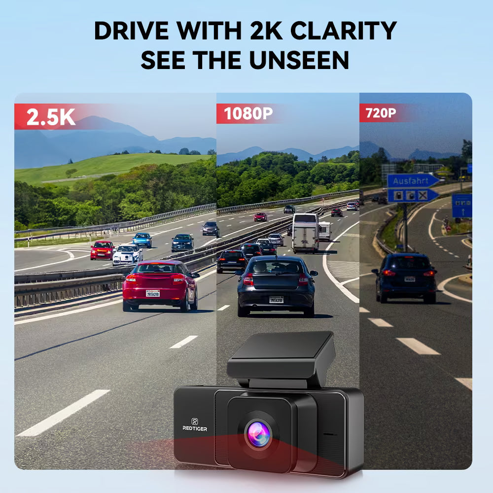 REDTIGER A3 3-Channel Dash Cam 2.5K + Dual 1080P - WiFi & IR Night Vision