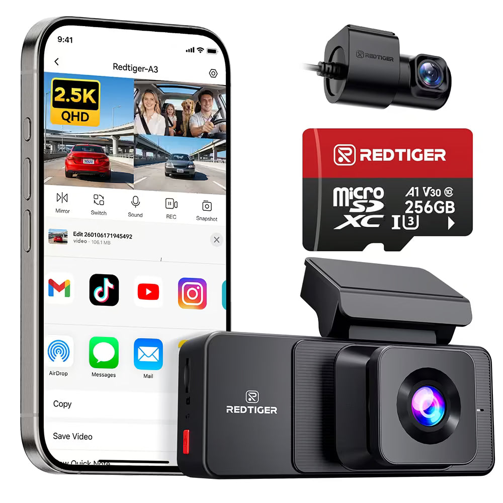 REDTIGER A3 3-Channel Dash Cam 2.5K + Dual 1080P - WiFi & IR Night Vision