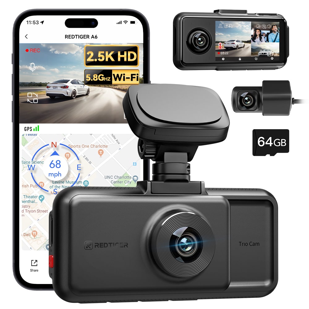 Redtiger A6 4K 3-Channel Dash Cam 5.8Ghz Wifi Voice Control Dash Cam