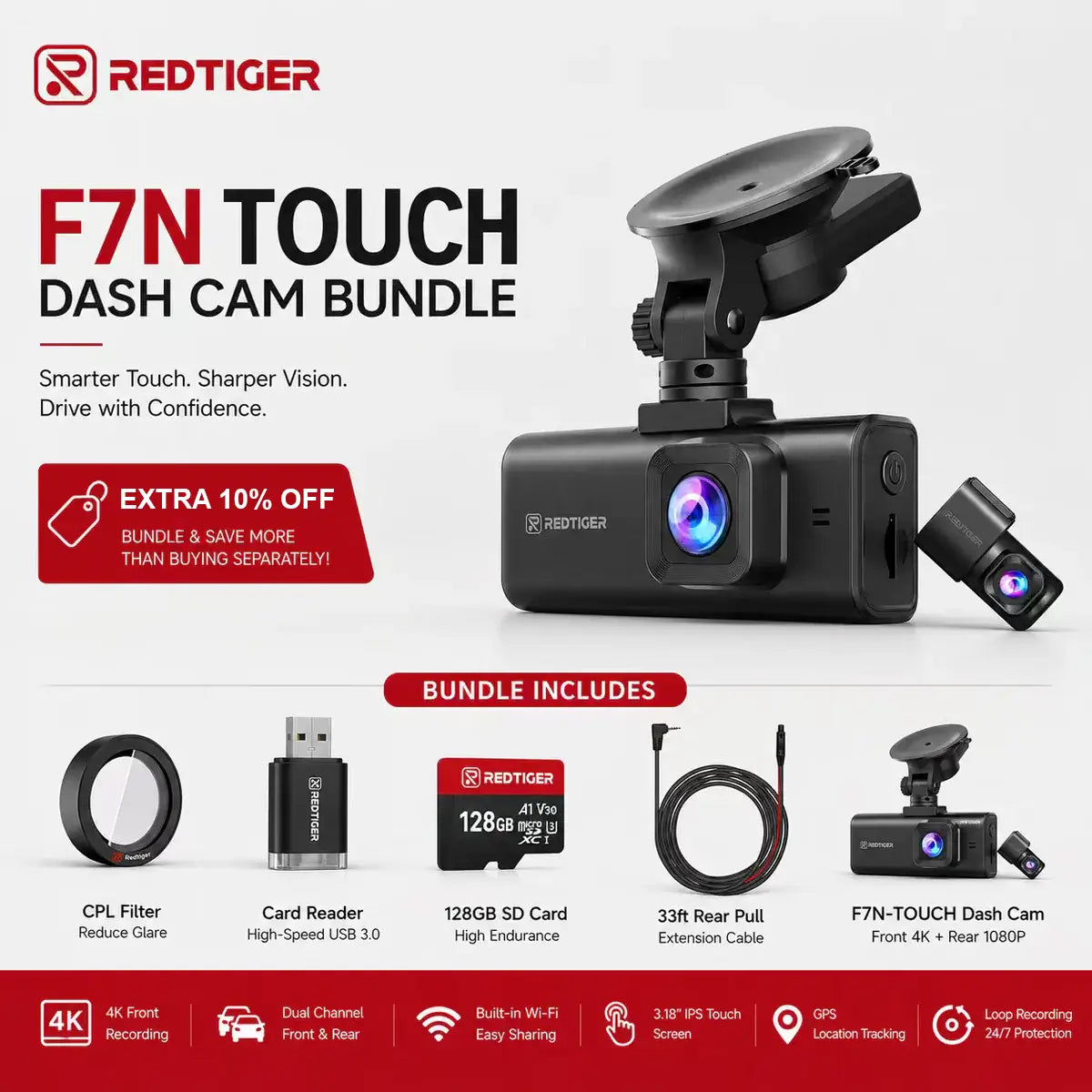 Redtiger F7NT Touchscreen 4K Dual Dashcam