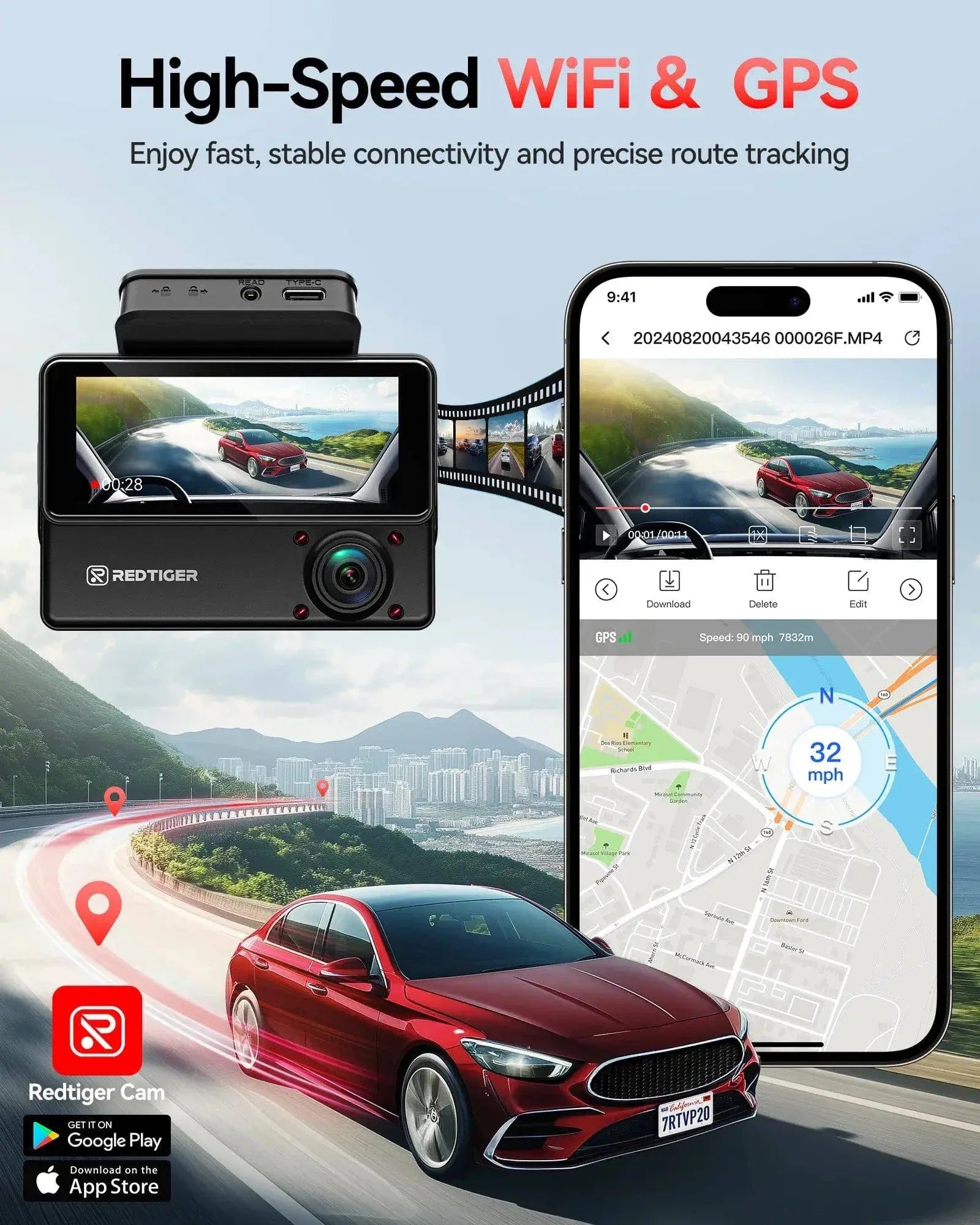Redtiger VP20 530° 3-Channel IR Night View Dash Cam