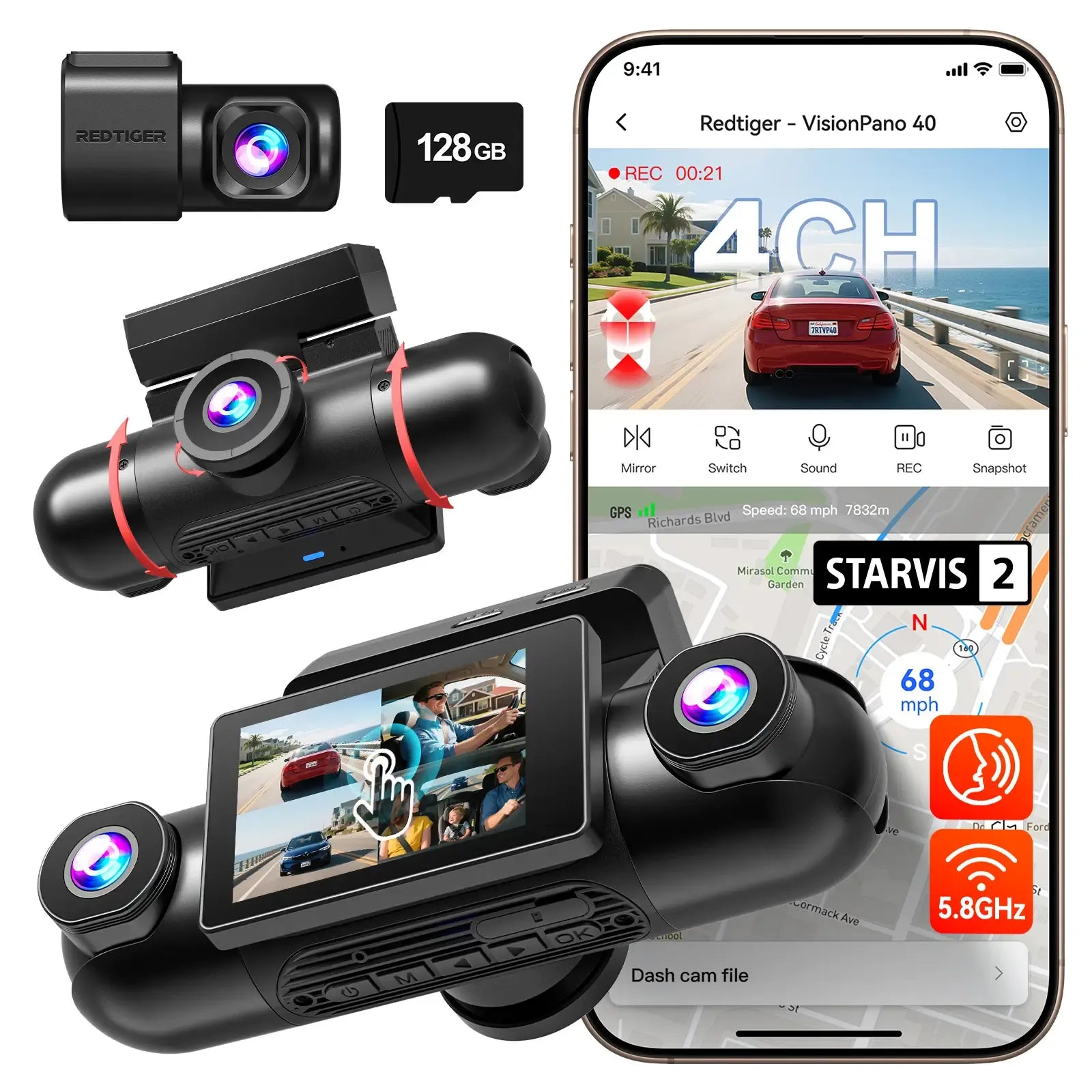 Redtiger VisionPano 40 4-Channel Dash Cam with Sony STARVIS 2 HDR & Parking Monitor