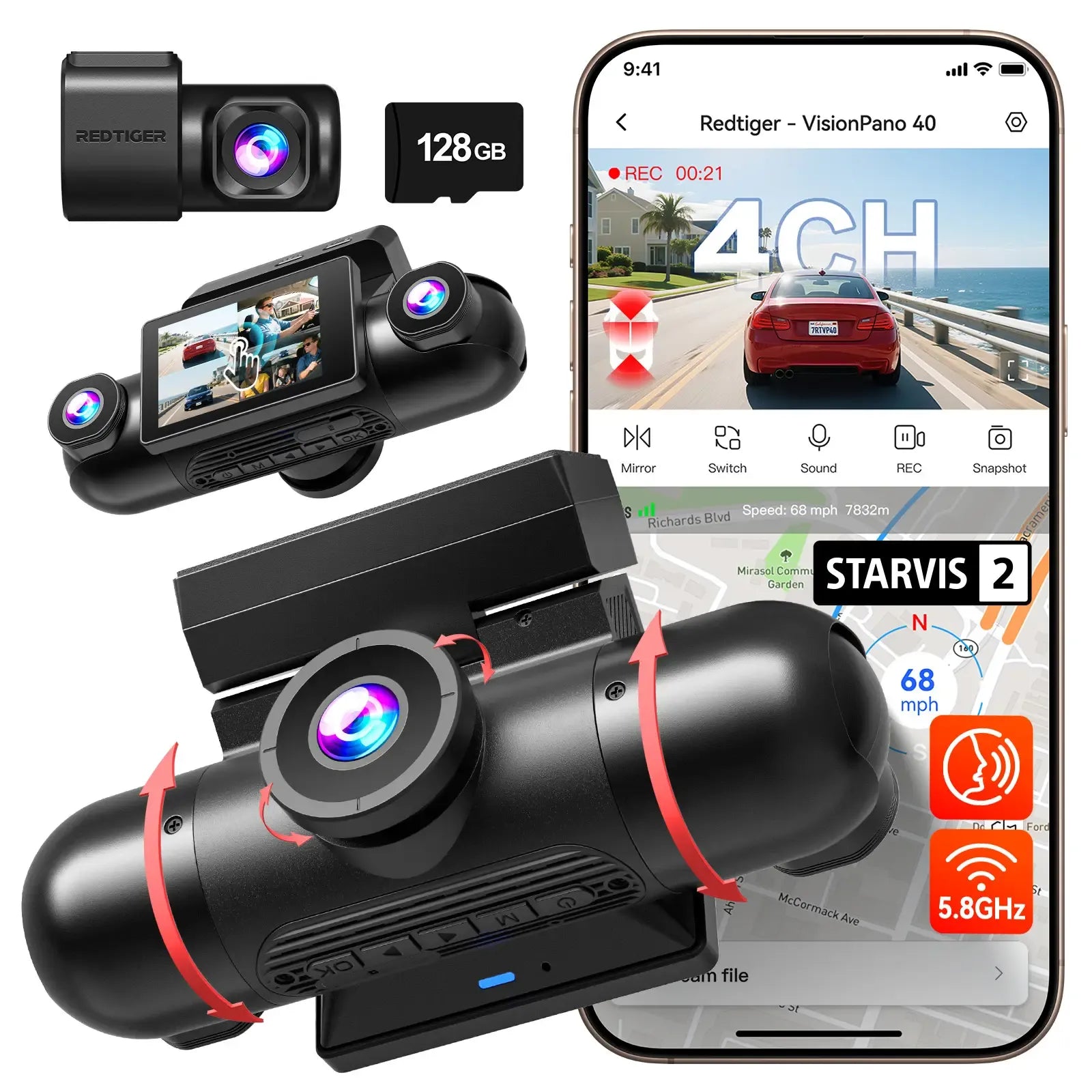 Redtiger VisionPano 40 4-Channel Dash Cam with Sony STARVIS 2 HDR & Parking Monitor