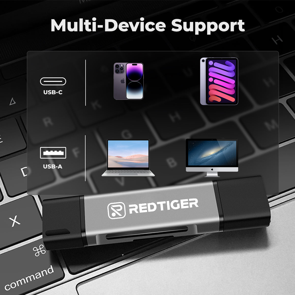 REDTIGER 2-in-1 Card Reader with USB-C & USB-A Interface