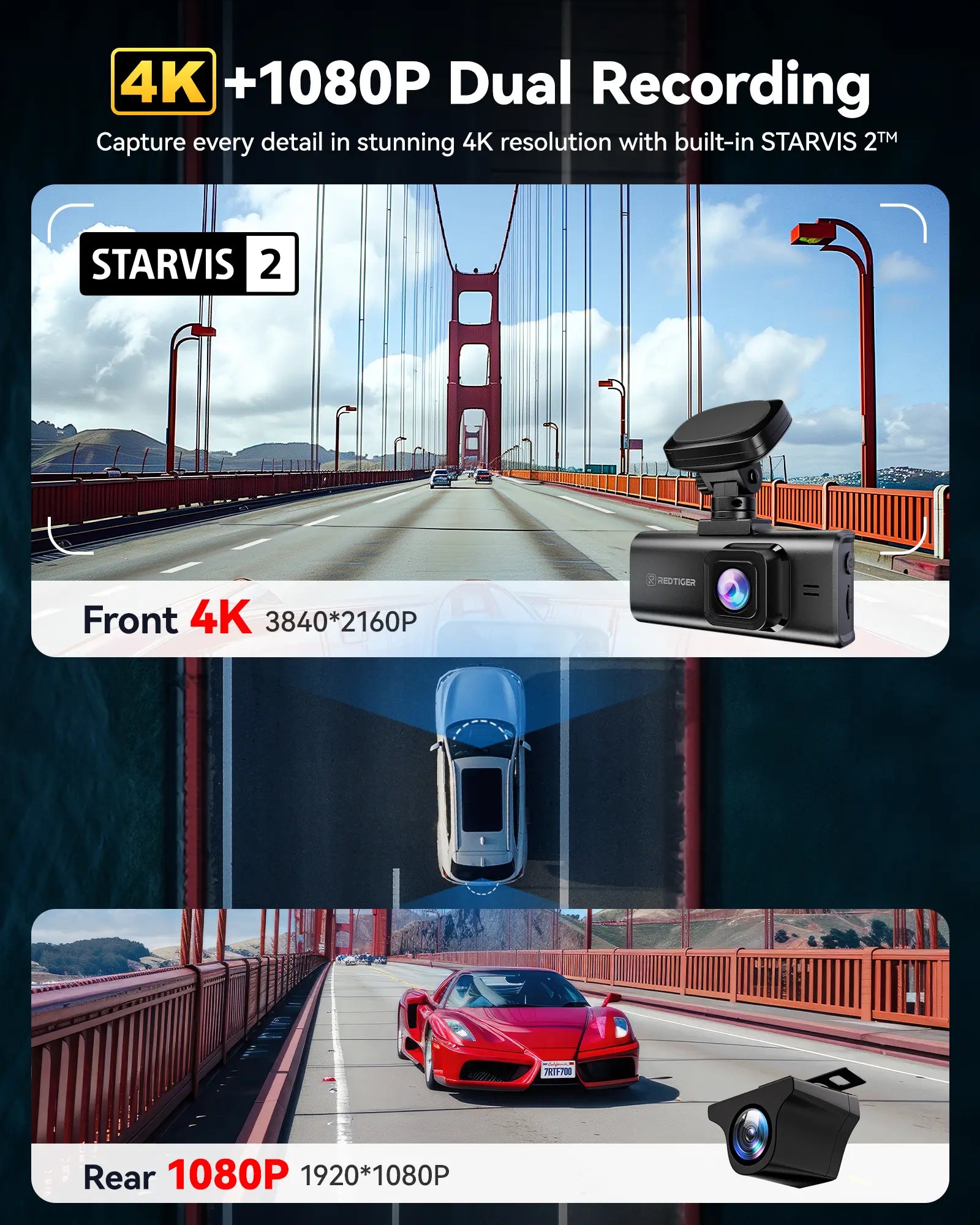 Redtiger F7N Elite 4K Sony STARVIS 2 WiFi-6 Touchscreen Voice Control Dual Dash Cam