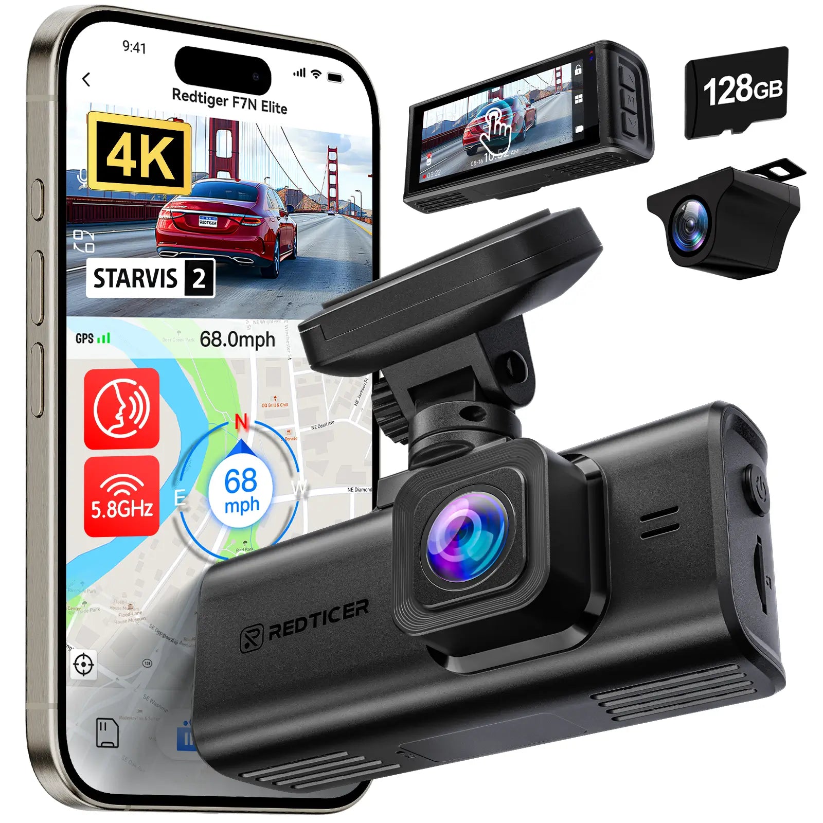 Redtiger F7N Elite 4K Sony STARVIS 2 WiFi-6 Touchscreen Voice Control Dual Dash Cam