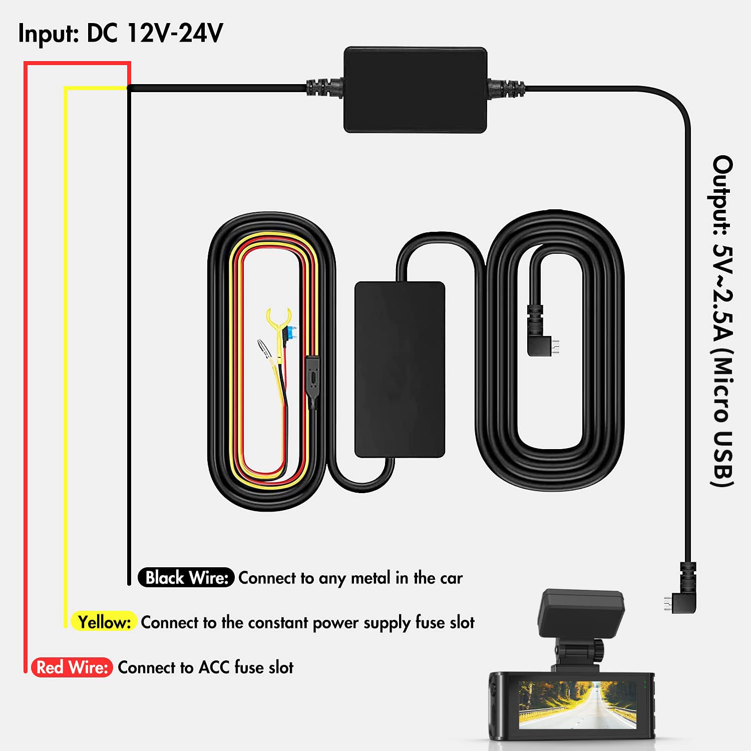 Kit de cableado duro para cámara de salpicadero Redtiger F7N para monitor de aparcamiento